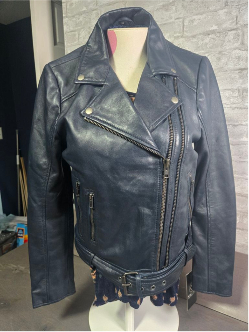 Women's Whet Blu Navy Leather Motorcycle Jacket M
